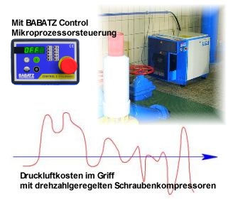 sprężarka śrubowa wyposażona w sytem sterowania Babatz, z wydajnością regulowaną za pomocą przetwornika częstotliwości,